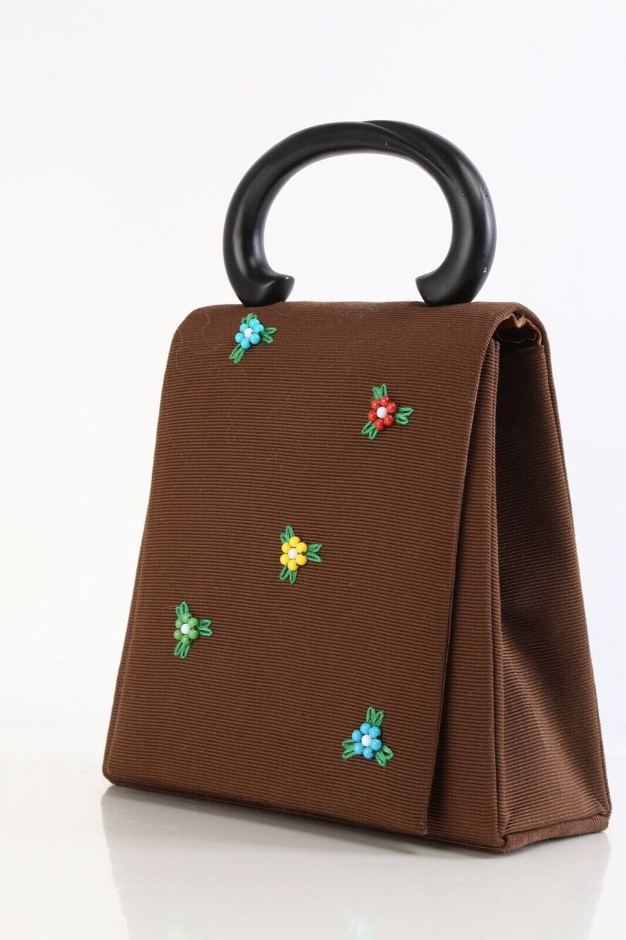Vintage Brown Fabric Flower Detailed Top Handle Flap Bag